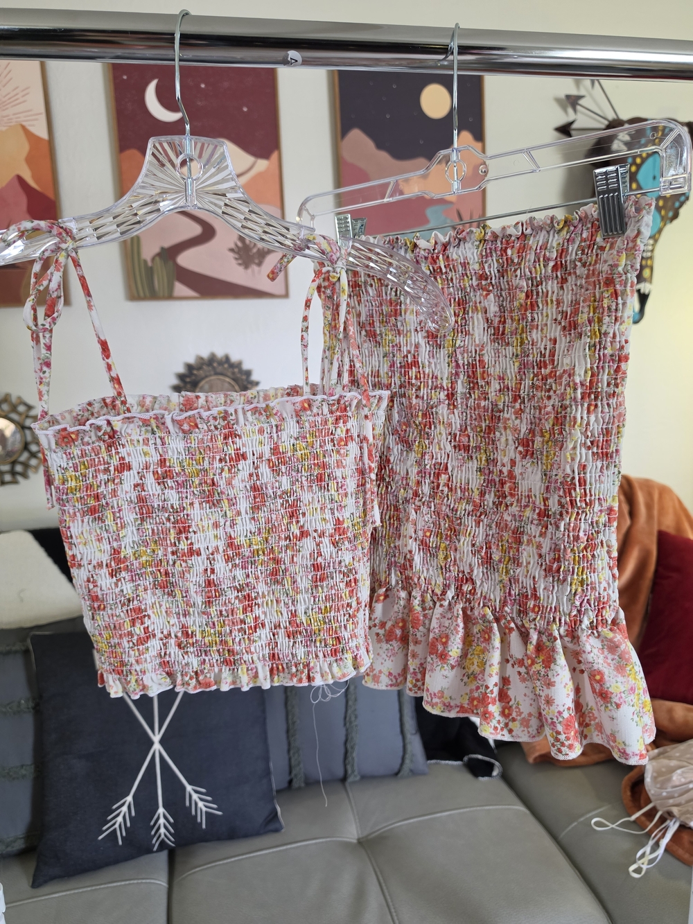 Habit Floral Smocked Matching Set Crop Top & Skirt Boho Summer Set Size L